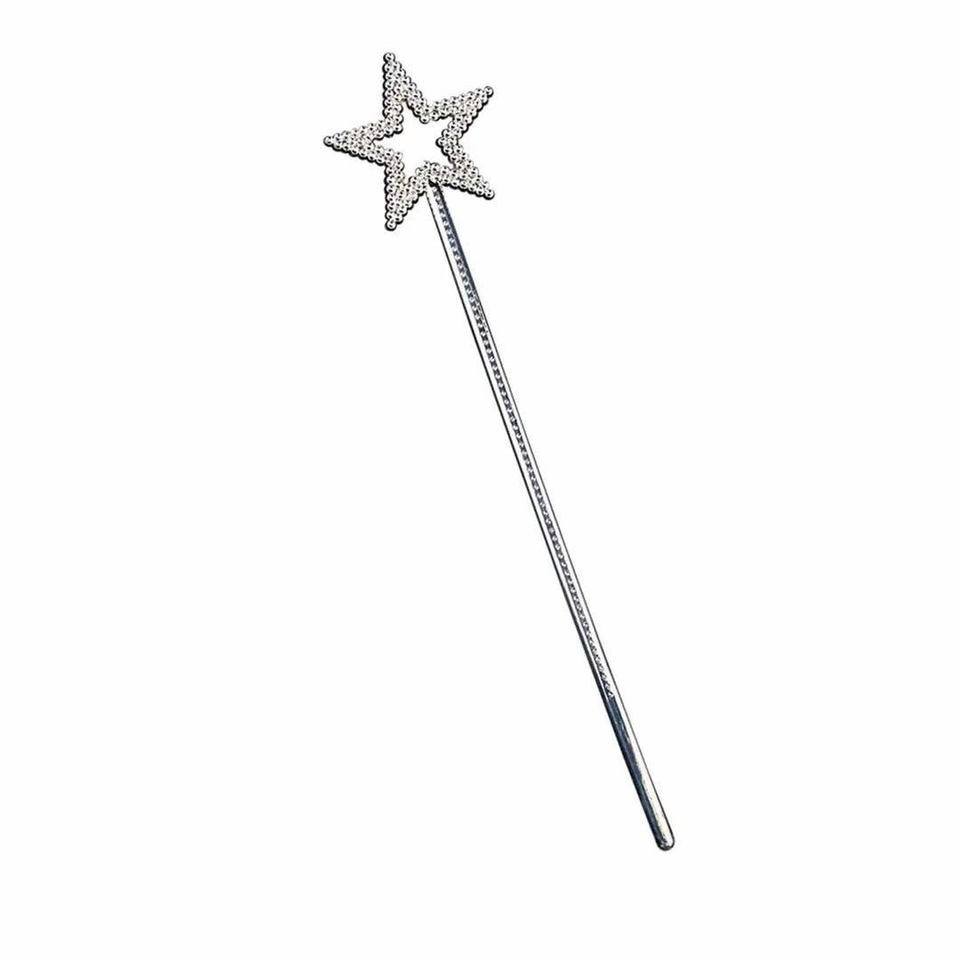 Silver wand with star top decorated for fairy fancy dress costumes