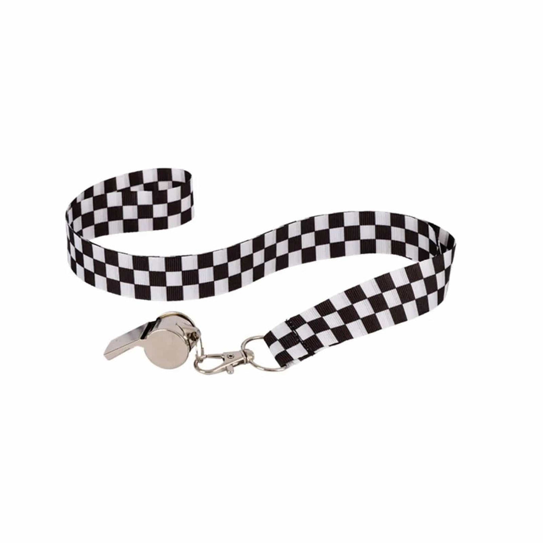 Silver metal whistle on s checkered lanyard for fancy dress costumes