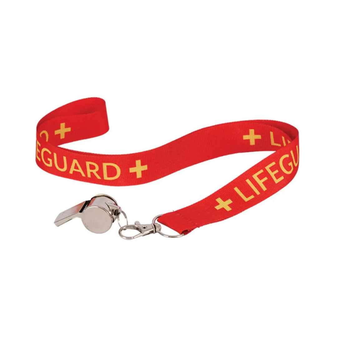 Silver metal whistle with red lanyard printed with Lifeguard and crosses in yellow