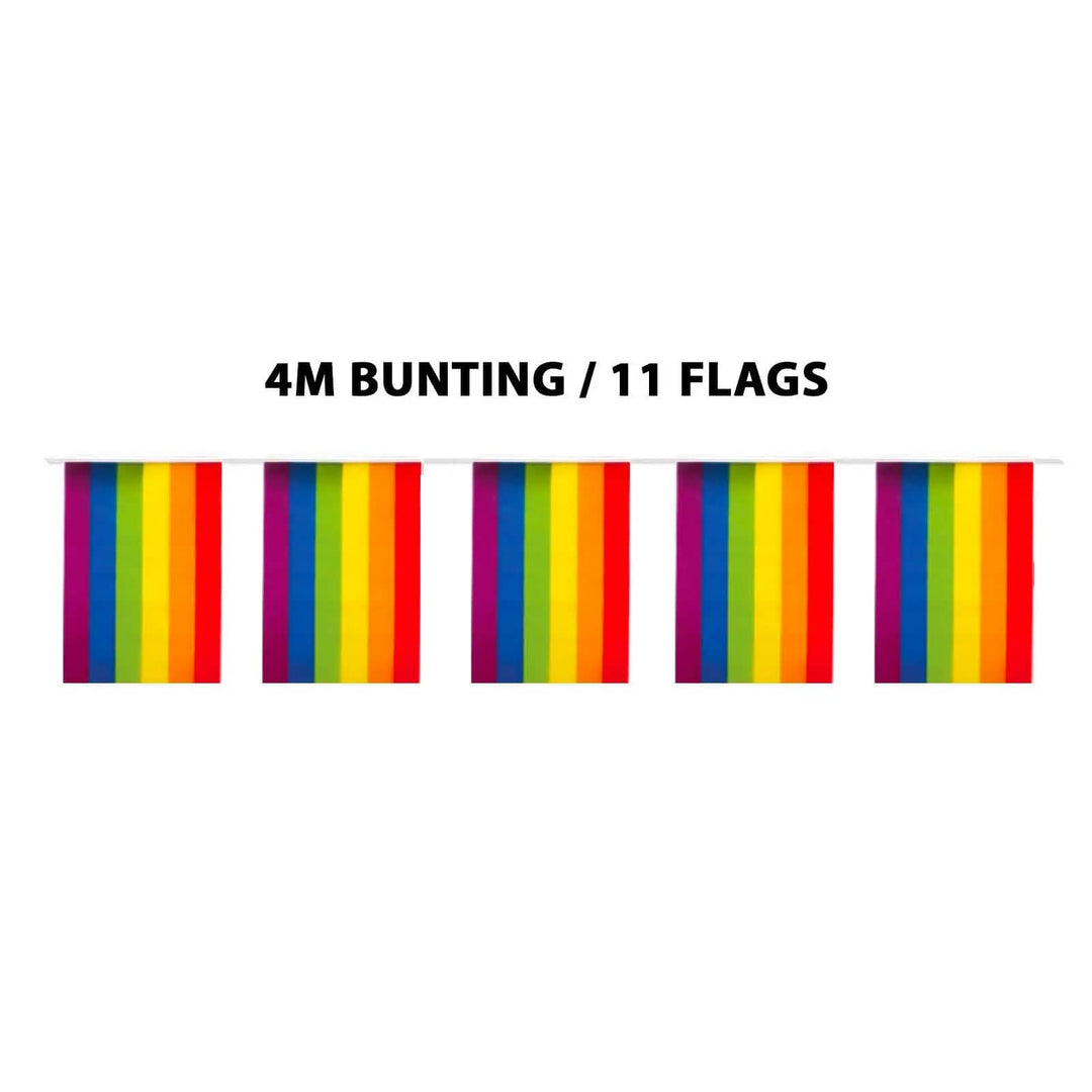 Part of a 4m string of bunting with rainbow coloured flags