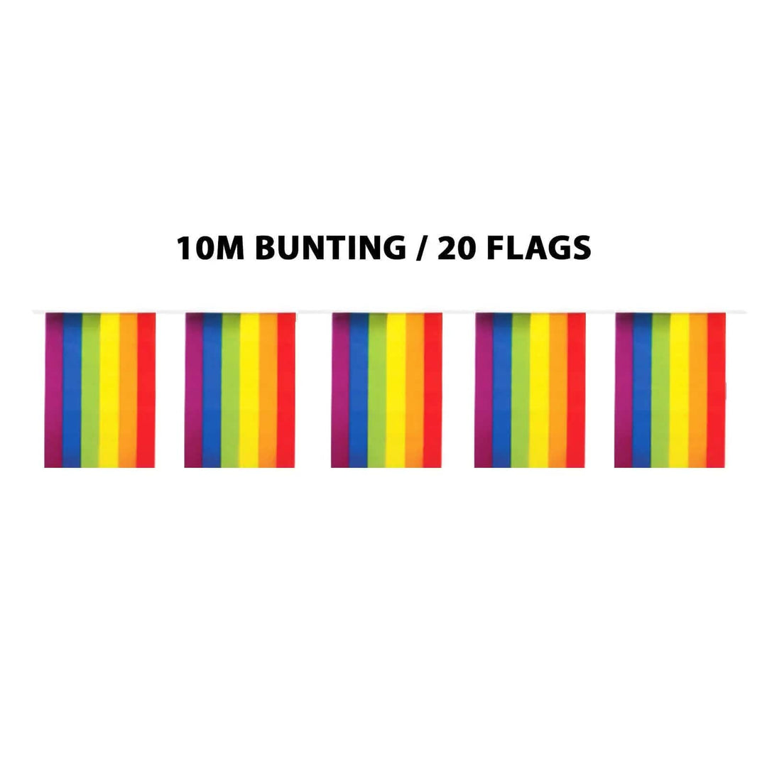 Part of a string of bunting with rainbow flags attached