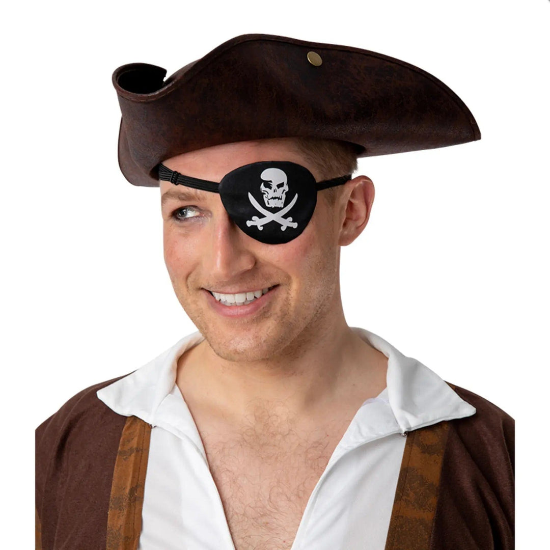 Man wearing a pirate hat and eye patch with skull and crossbones print