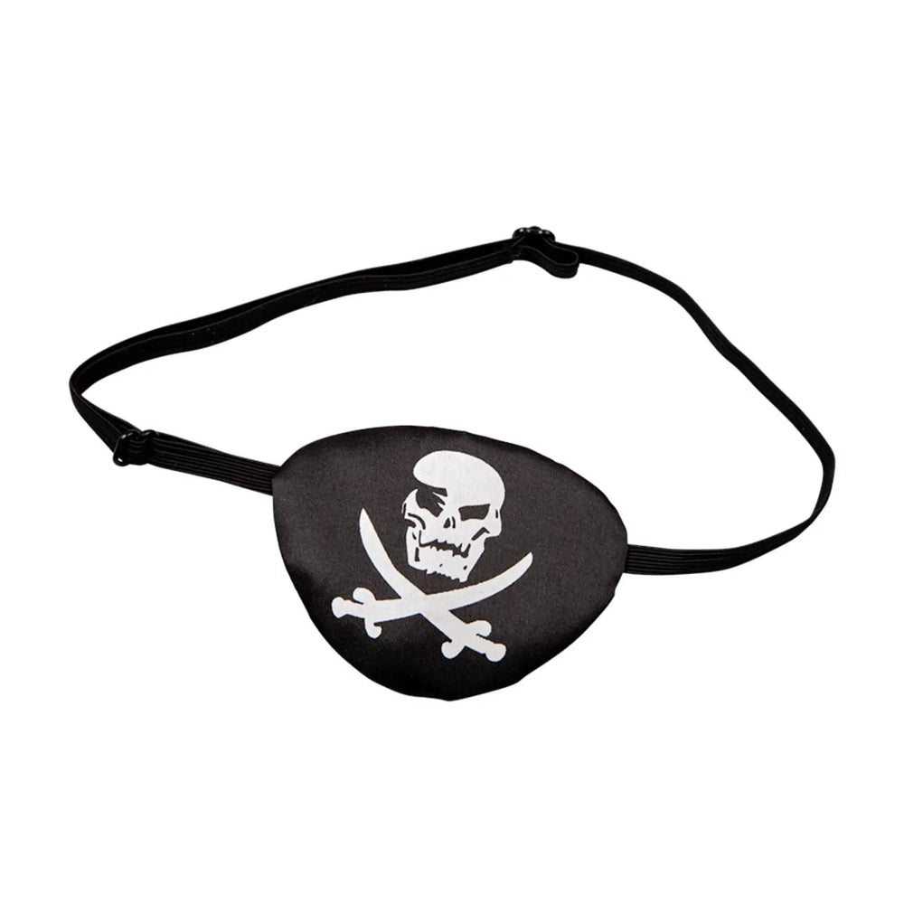 Pirate eye patch accessory with white skull and crossbones printed graphic