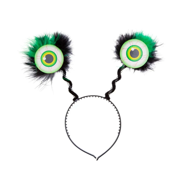 Aliens eyes headband with green faux fur and flexible black hairband