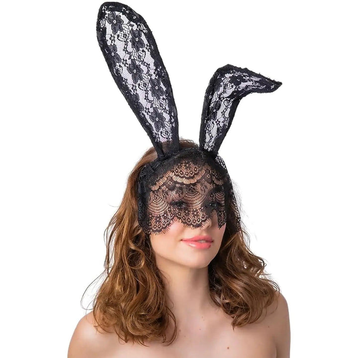 Lady wearing a pair of black lace bunny ears that can be posed in any position