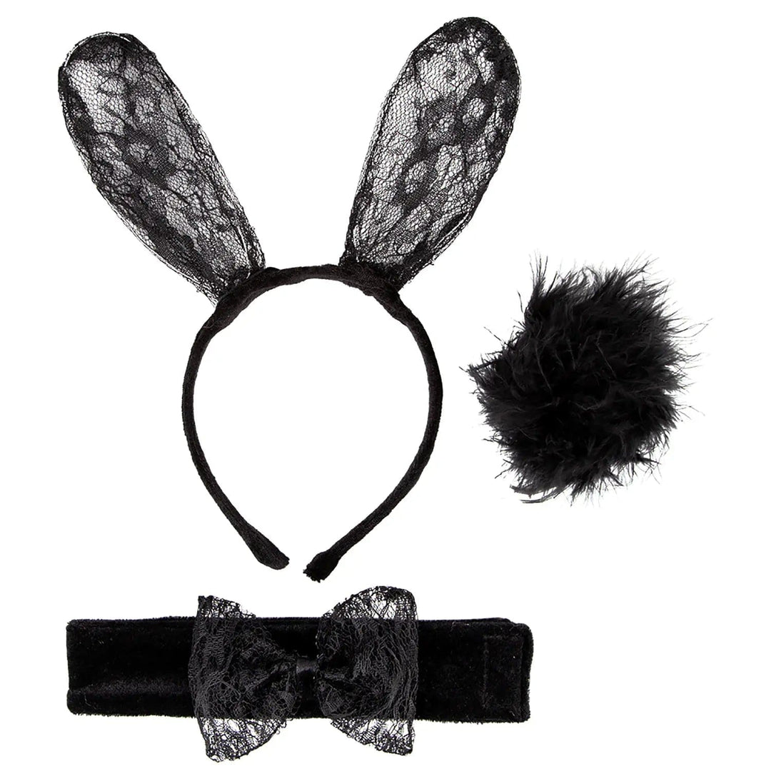 Black bunny fancy dress accessories with lace ears, fluffy tail and a black bow tie on a choker