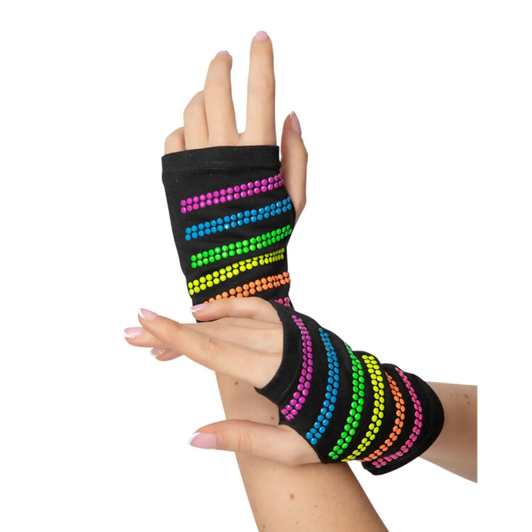 Hands wearing black fingerless gloves with rainbow beads pattern