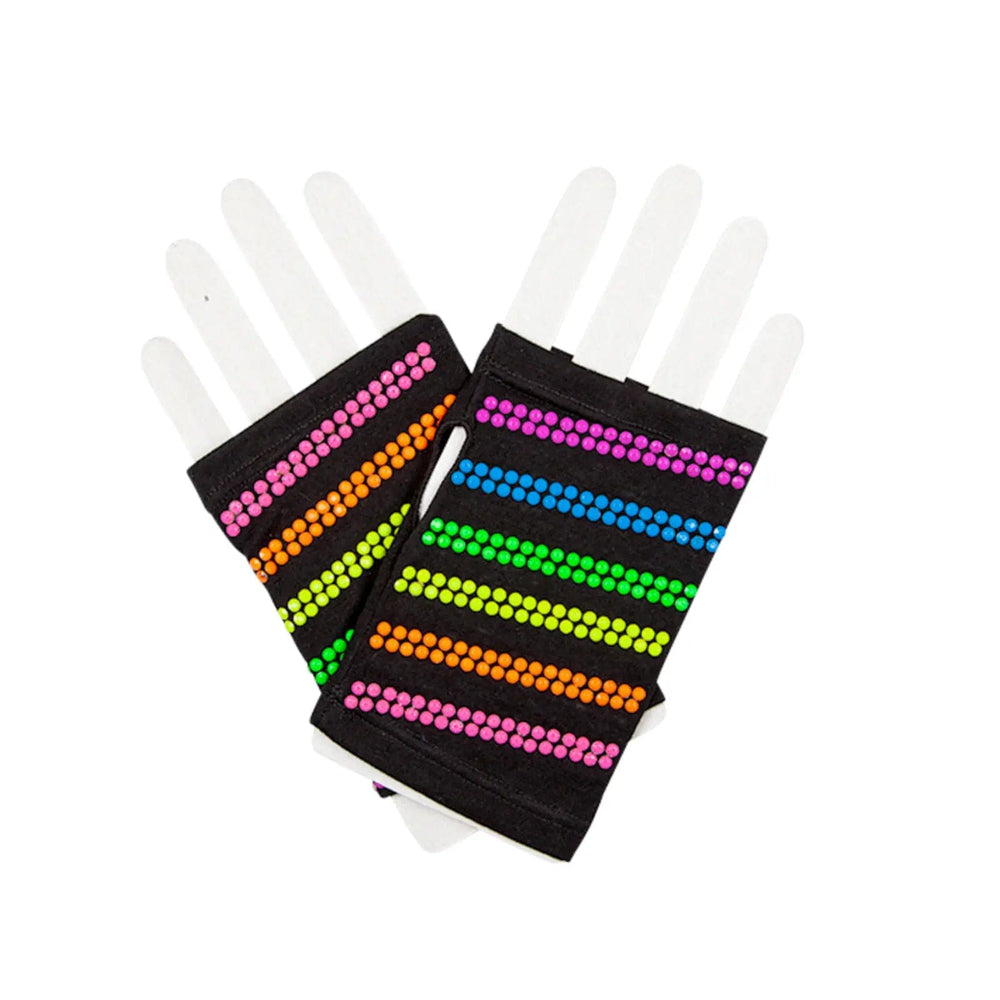 Pair of black fingerless gloves with rows of rainbow coloured beads