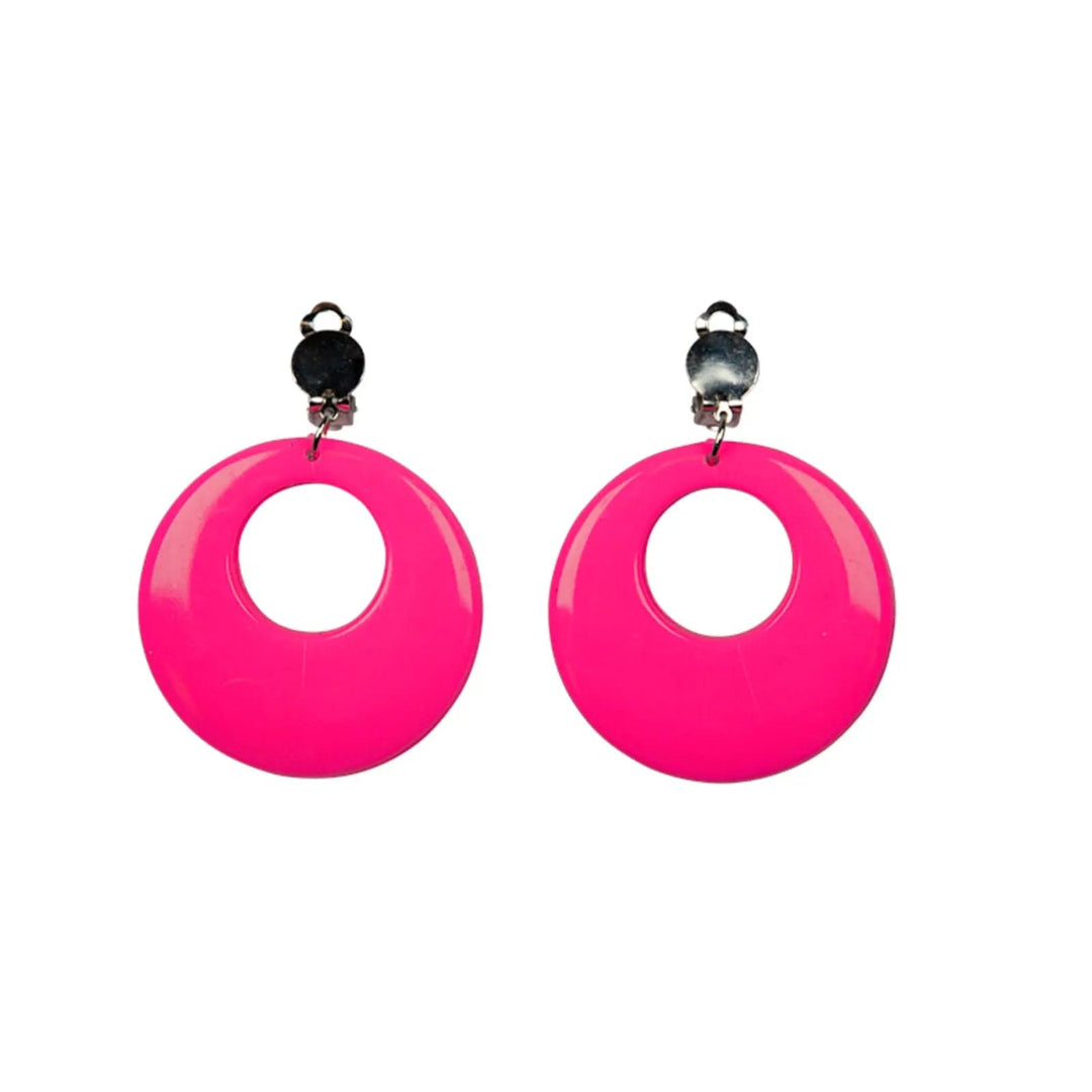 Pair of clip on neon pink disc shape earrings