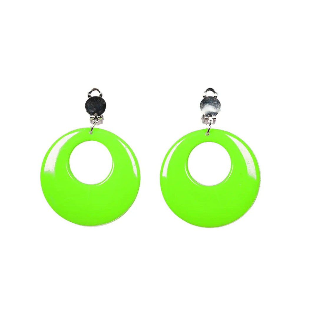 Pair of clip on neon green disc shape earrings