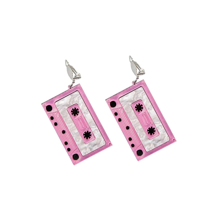 Adults 80s Cassette Tape Earrings Pink Clip On Retro Funky