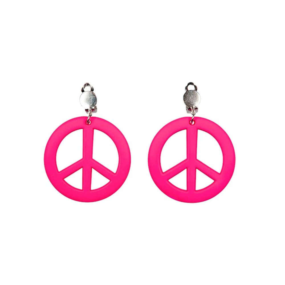 A pair of clip on bright neon pink CND logo earrings for sixties and seventies fancy dress costumes