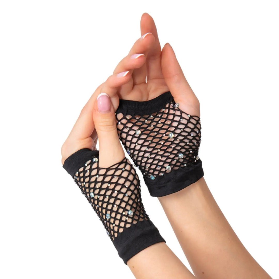 Model wearing a pair of black fingerless net gloves with silver diamantes