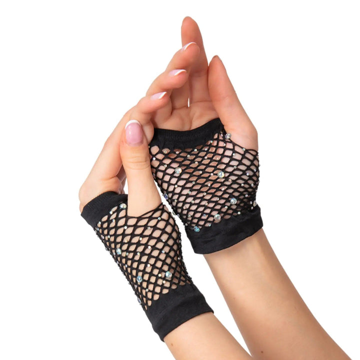 Model wearing a pair of black fingerless net gloves with silver diamantes