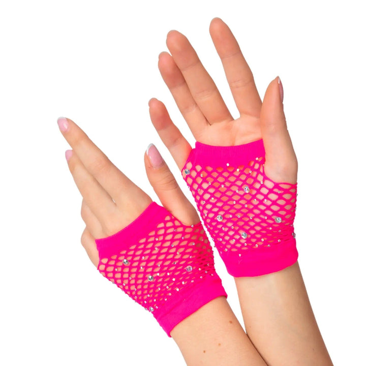 Hands modelling a pair of neon pink fingerless net gloves with silver diamantes