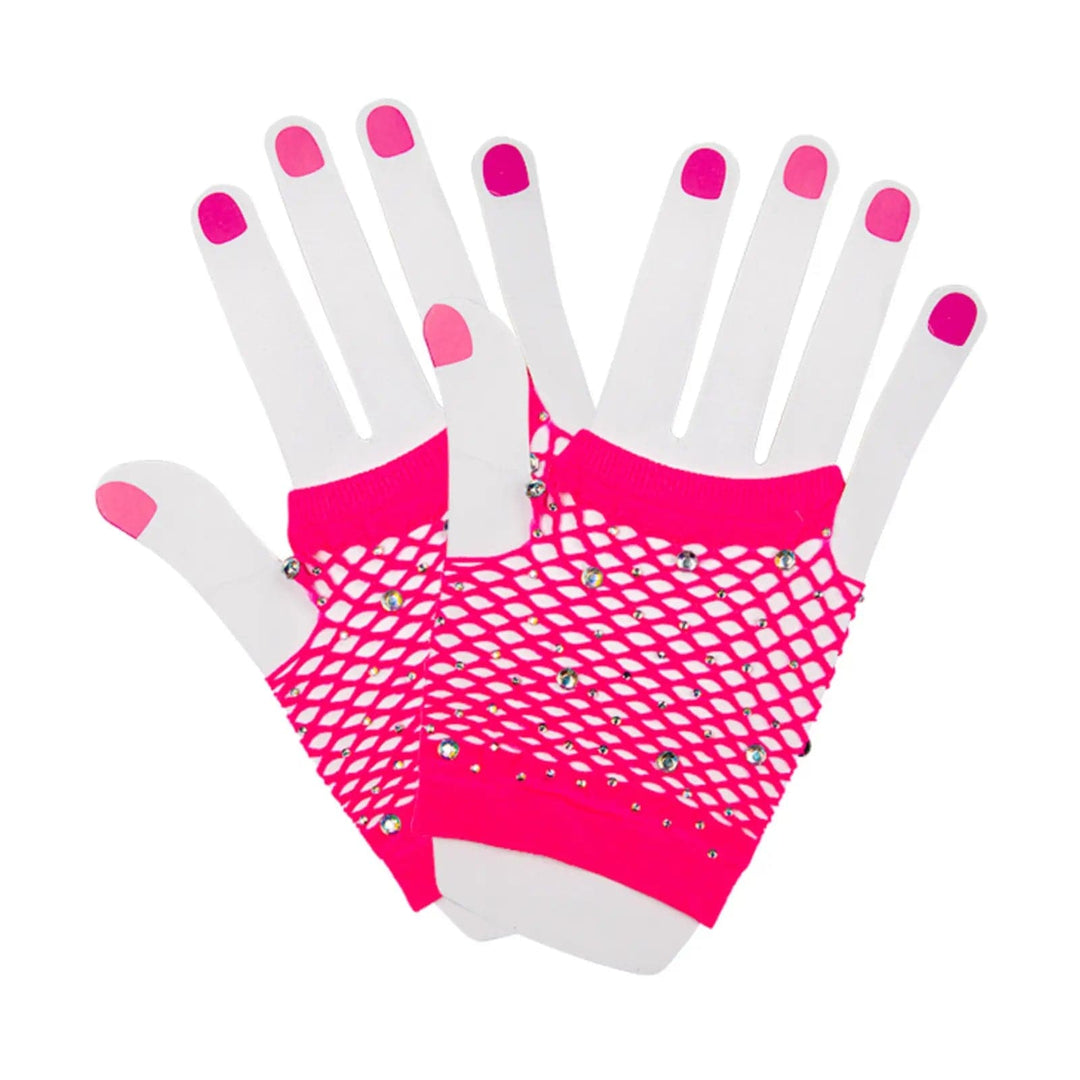 Neon pink net fingerless gloves decorated with silver diamantes