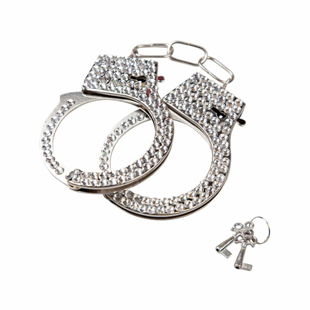 Silver handcuffs with rhinestone diamonds decorations and a set of keys, for fancy dress costumes