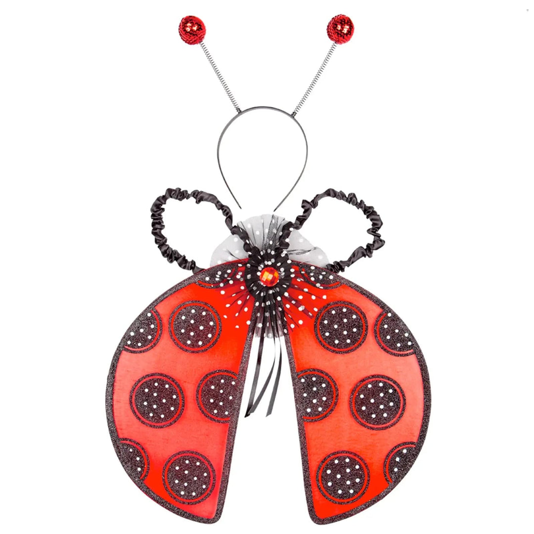 Ladybird facy dress accessories set with red and black spotted wings with red jewel centre, and a pair of red sequin head boppers