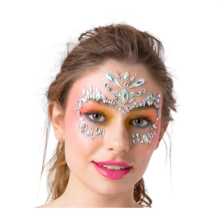 Model wearing a set of sparkling face gems for fancy dress parties and festivals