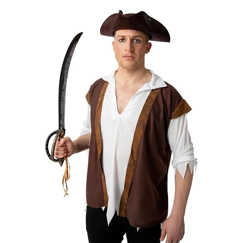 Man dressed as a pirate holding a large pirate cutlass sword