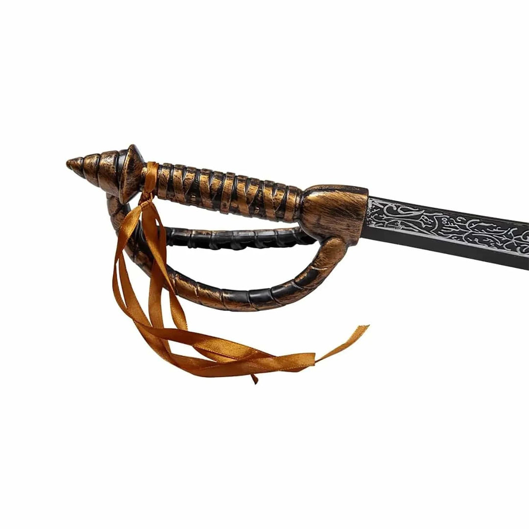 Detail of the copper effect handle of a pirate sword with gold ribbon decoration for fancy dress costumes