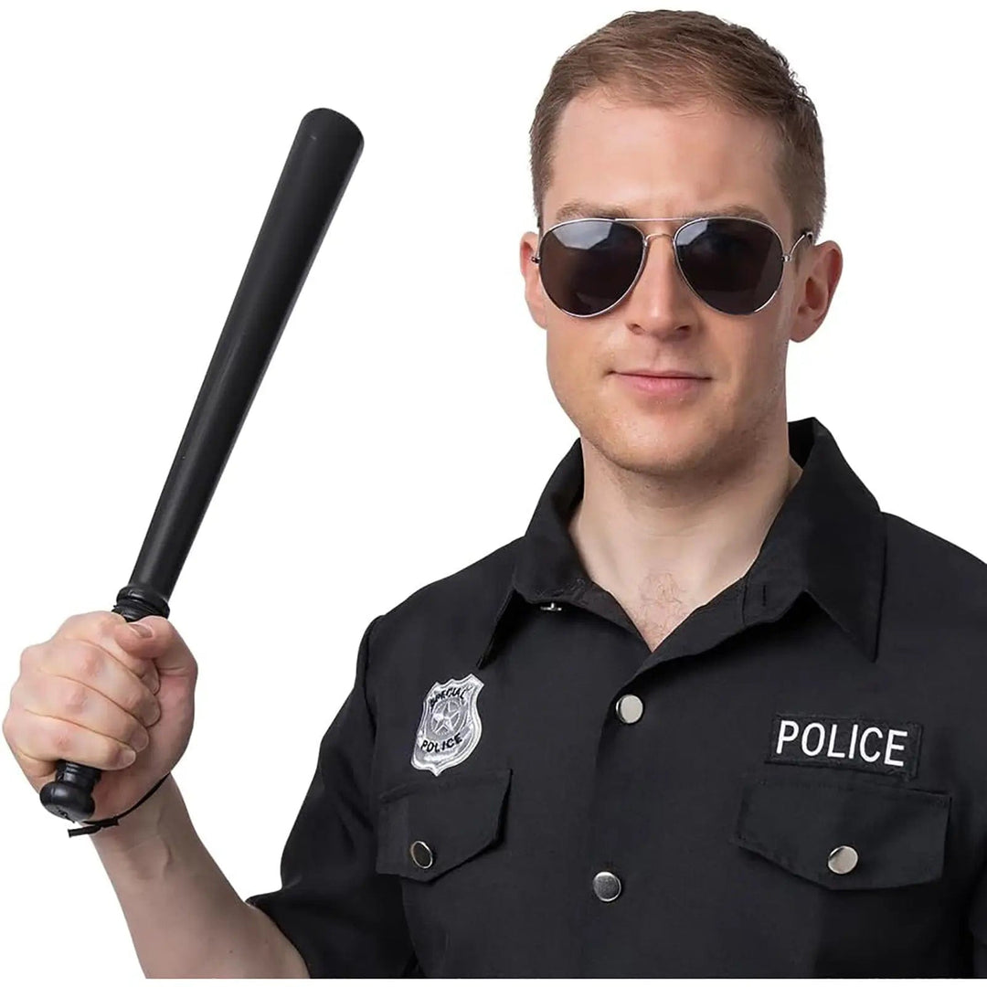 Male model in a fancy dress police officer costume with aviator sunglasses and holding a black baton accessory