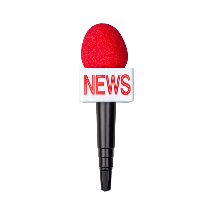 Play microphone with NEWS text, red sponge top and black plastic handle