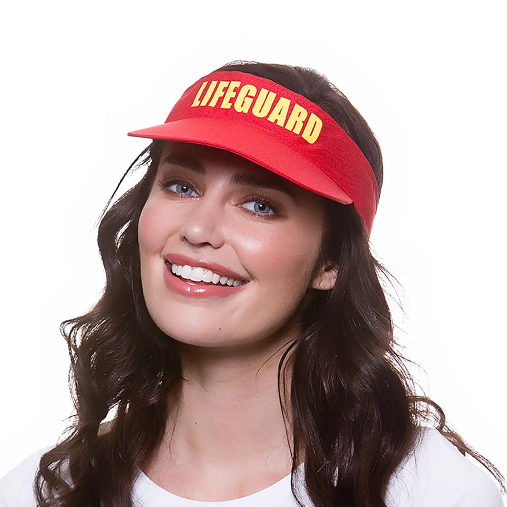 Lady with long dark hair wearing a red sun visor with Lifeguard printed in yellow for fancy dress parties