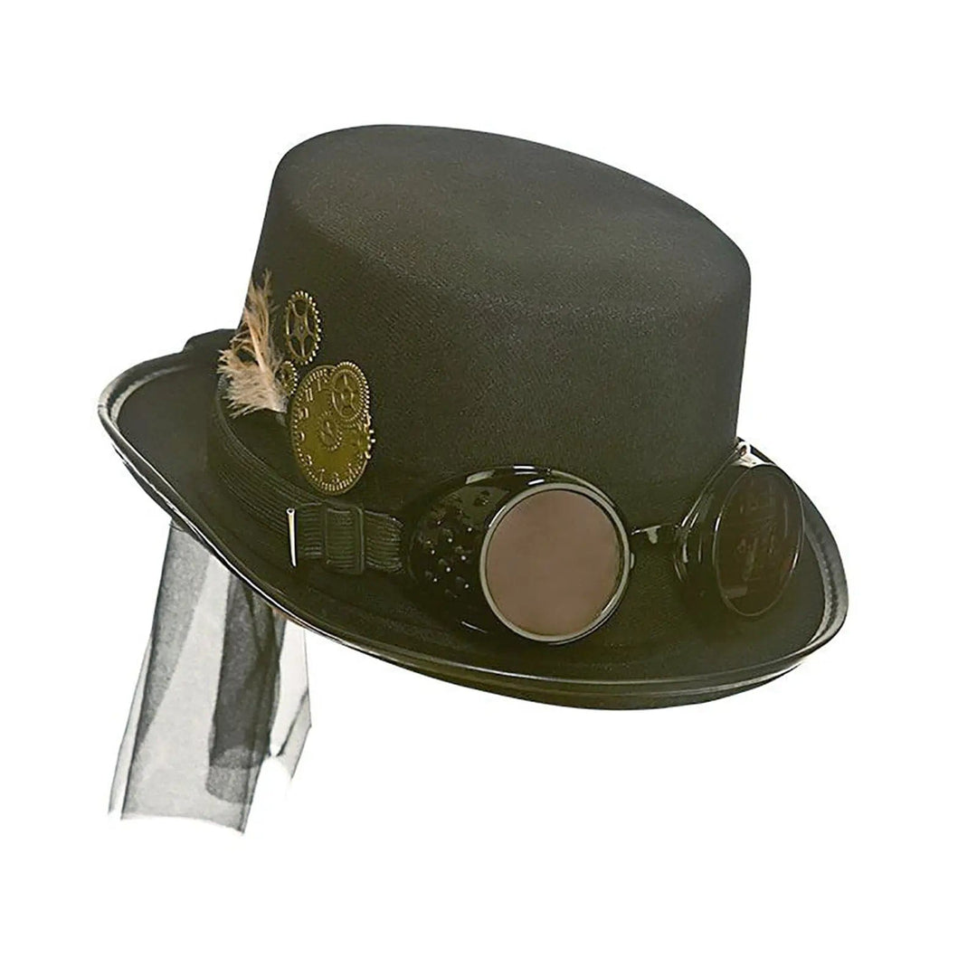 Steampunk hat with black chiffon, goggles and gears for fancy dress costumes