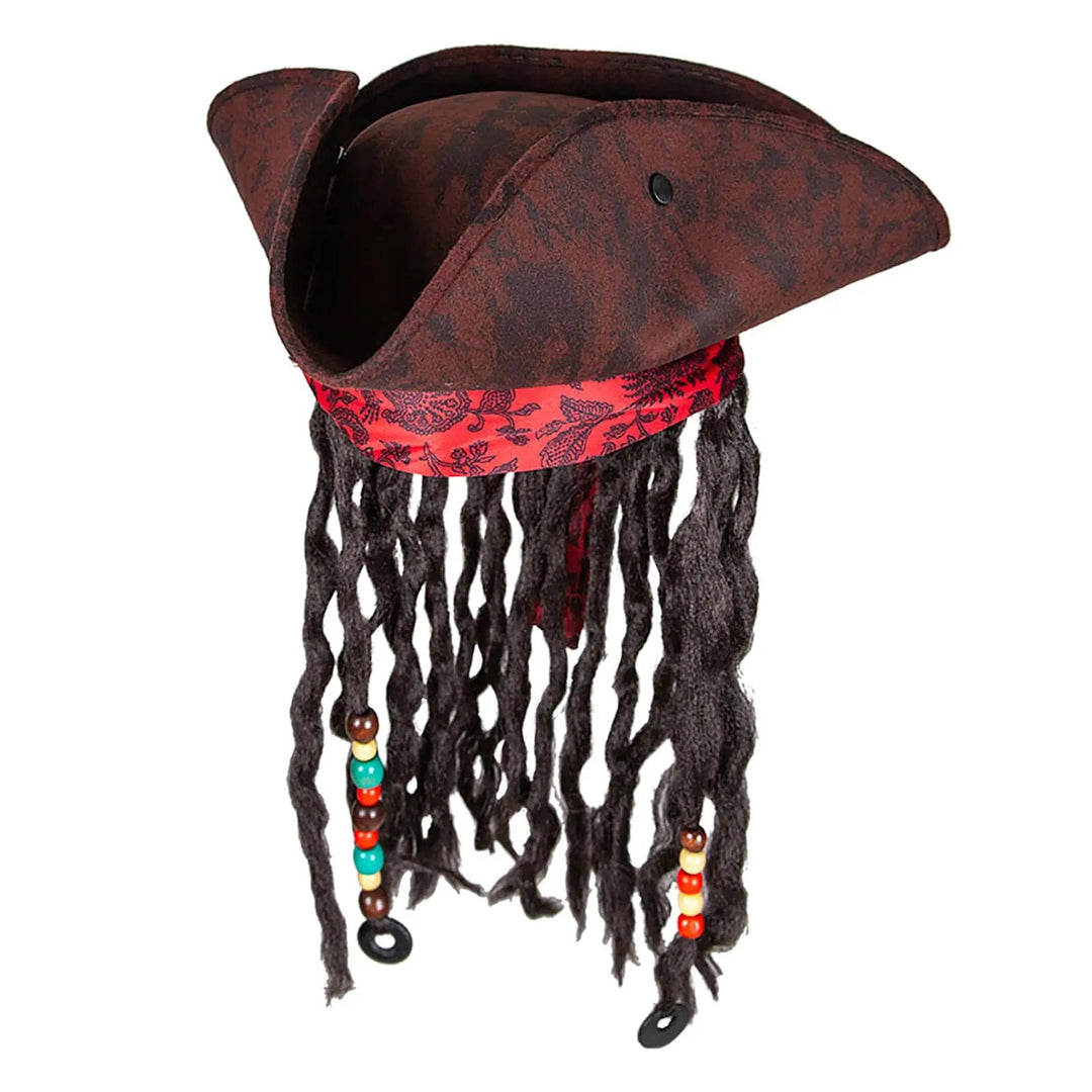 rown pirate hat with red band and beaded hair braids