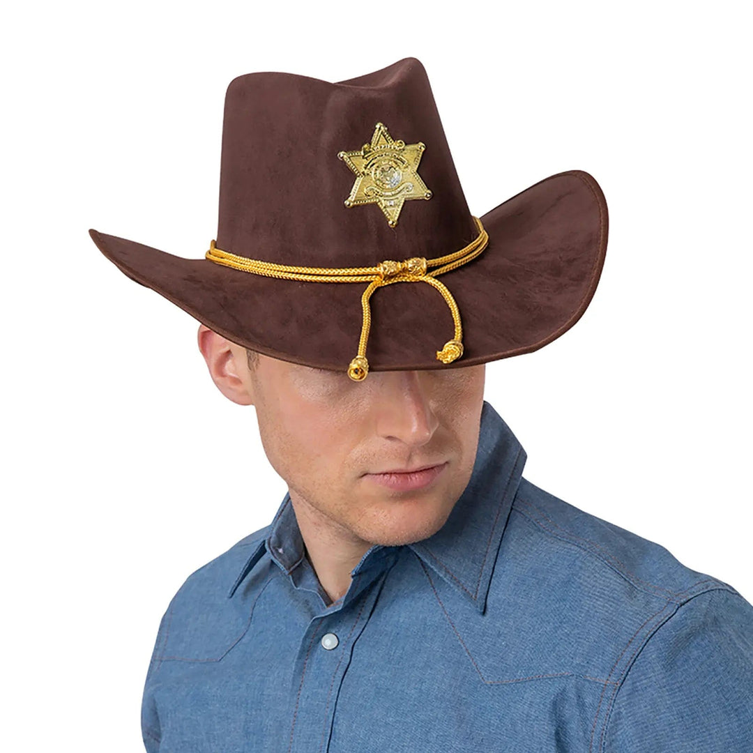 Man wearing a brown western sheriff hat with gold cord and star badge