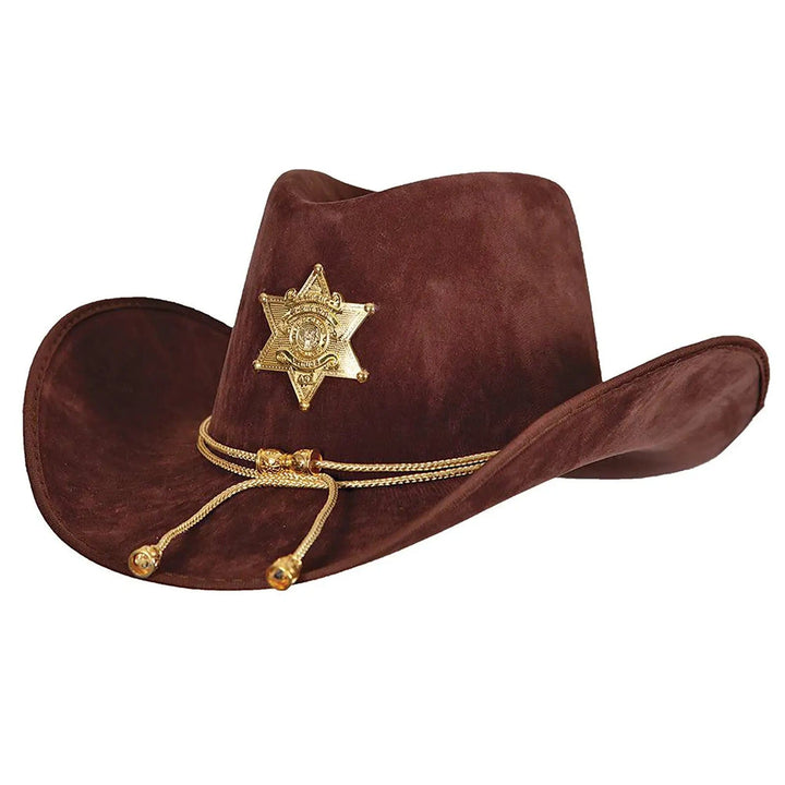 Brown felt cowboy hat with sheriff star badge and gold cord hatband