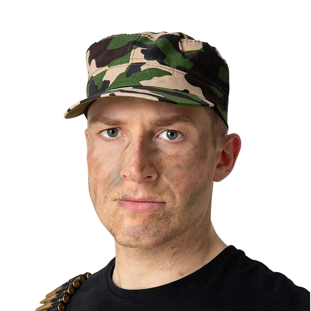 Man wearing an army cap with green and brown camouflage pattern for soldier fancy dress costumes