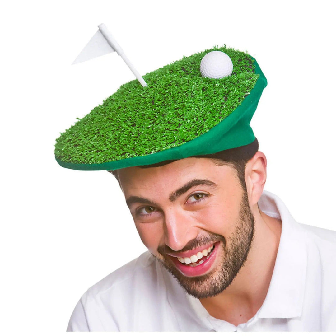 Man wearing a funny golf hat with flag, golf ball and putting green for fancy dress costumes