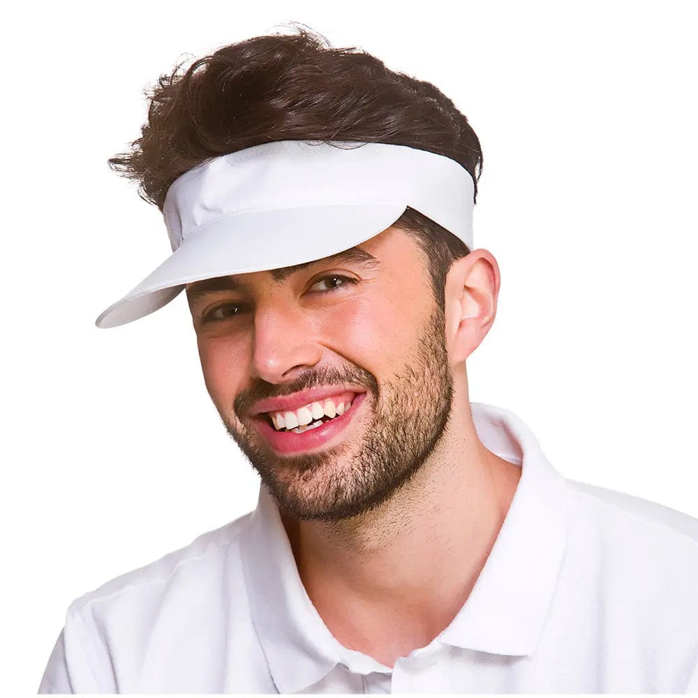 Man wearing a white fabric golf visor for fancy dress parties and pub golf nights