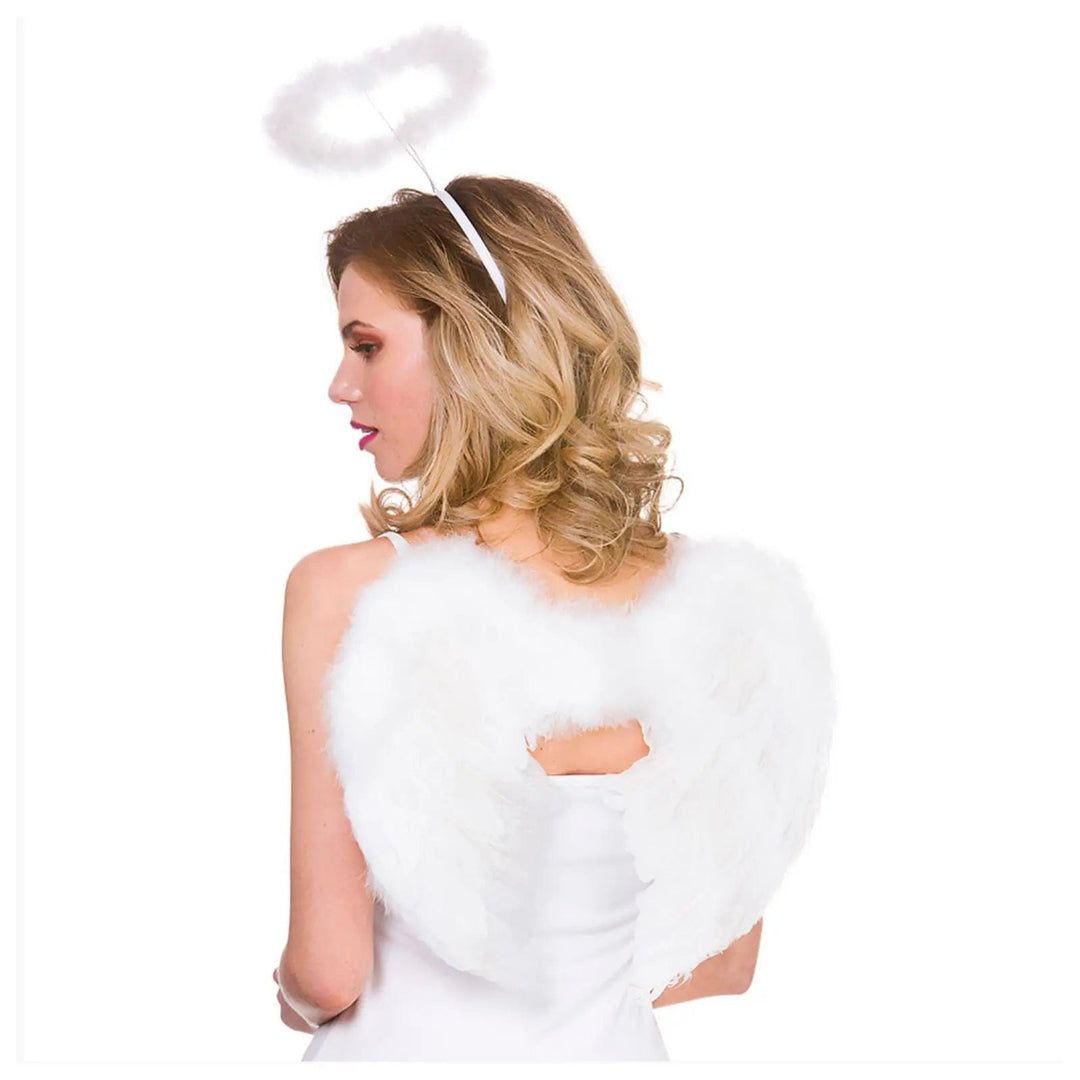 lady wearing a set of white fluffy wings and matching halo for angel or fairy fancy dress costumes