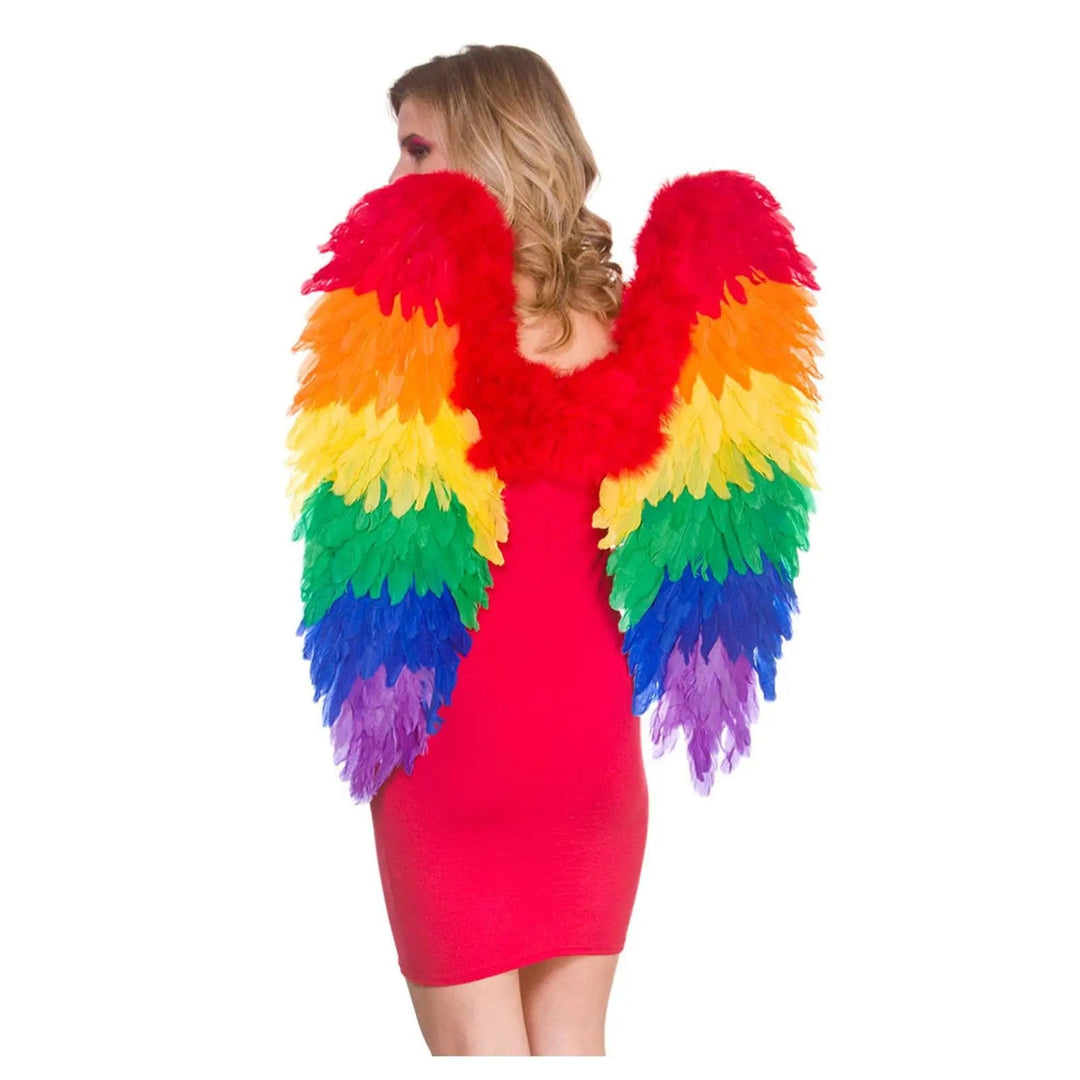 lady wearing a pair of very large rainbow coloured feather wings for angel fancy dress costumes