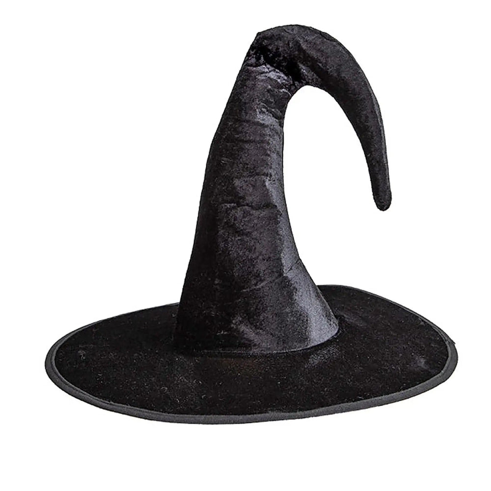 Black velvet witch hat with bent tip for Halloween fancy dress costumes