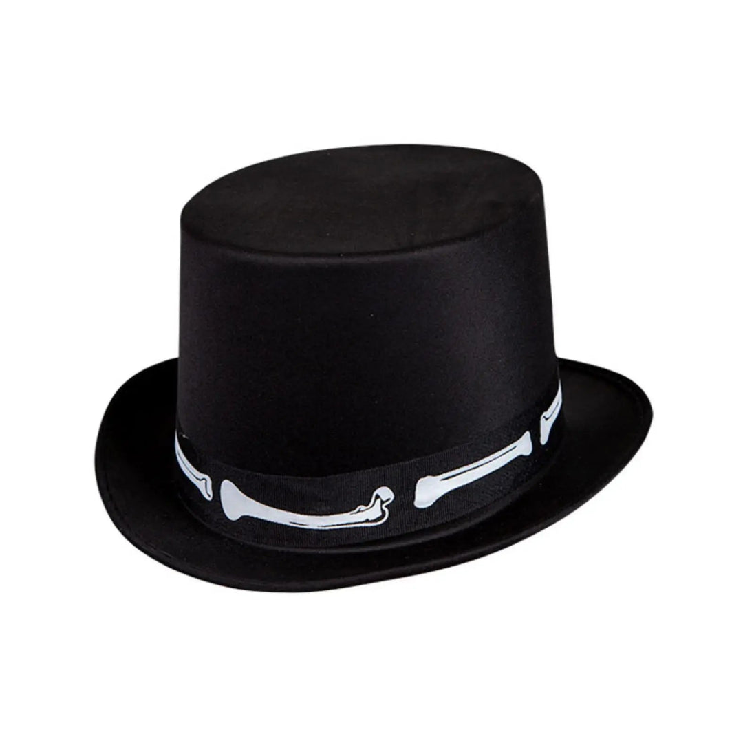 Black stovepipe hat with white bones printed hat band for fancy dress costumes