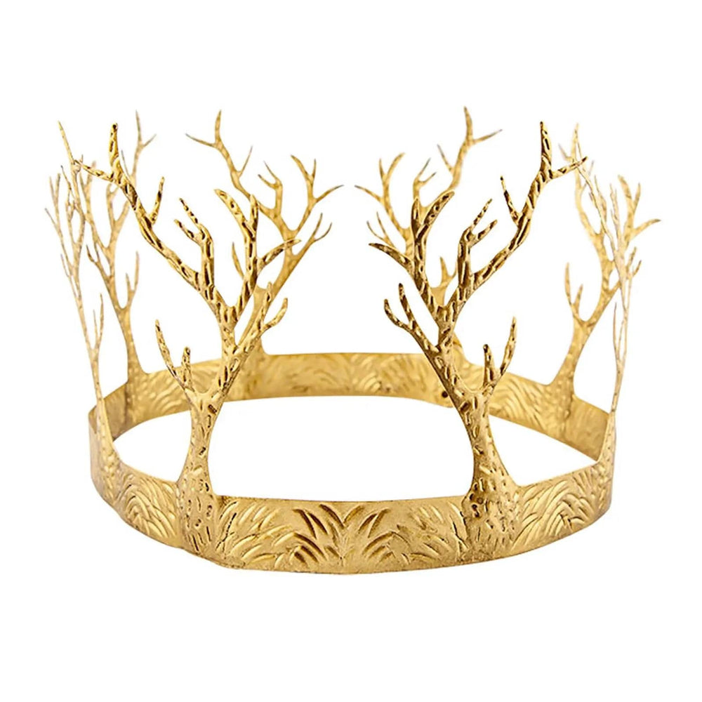 Rustic gold woodland crown with trees and embossed grass detail for royal fancy dress costumes