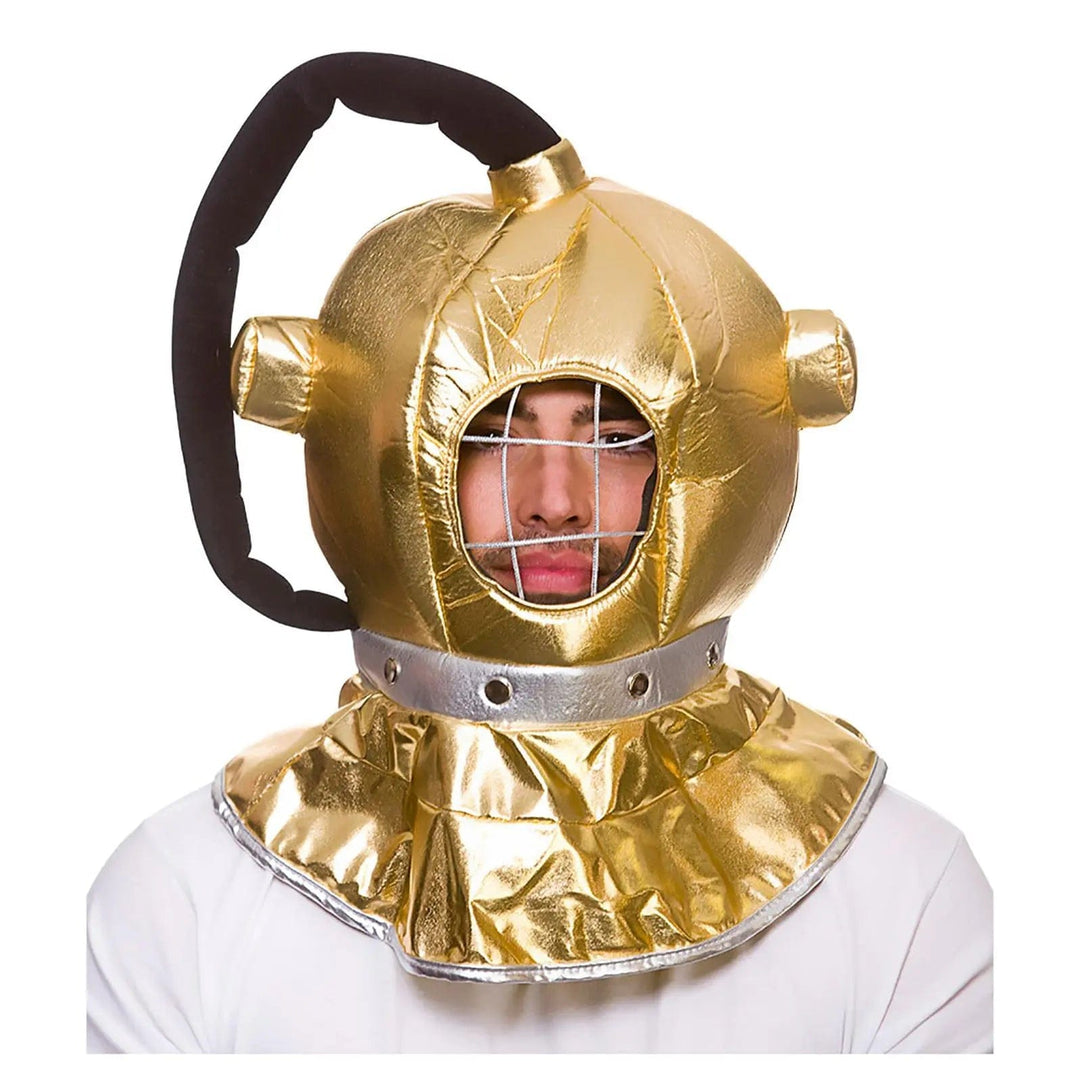 Man wearing a vintage style diving helmet in gold fabric with black tube and silver detailing for fancy dress costumes