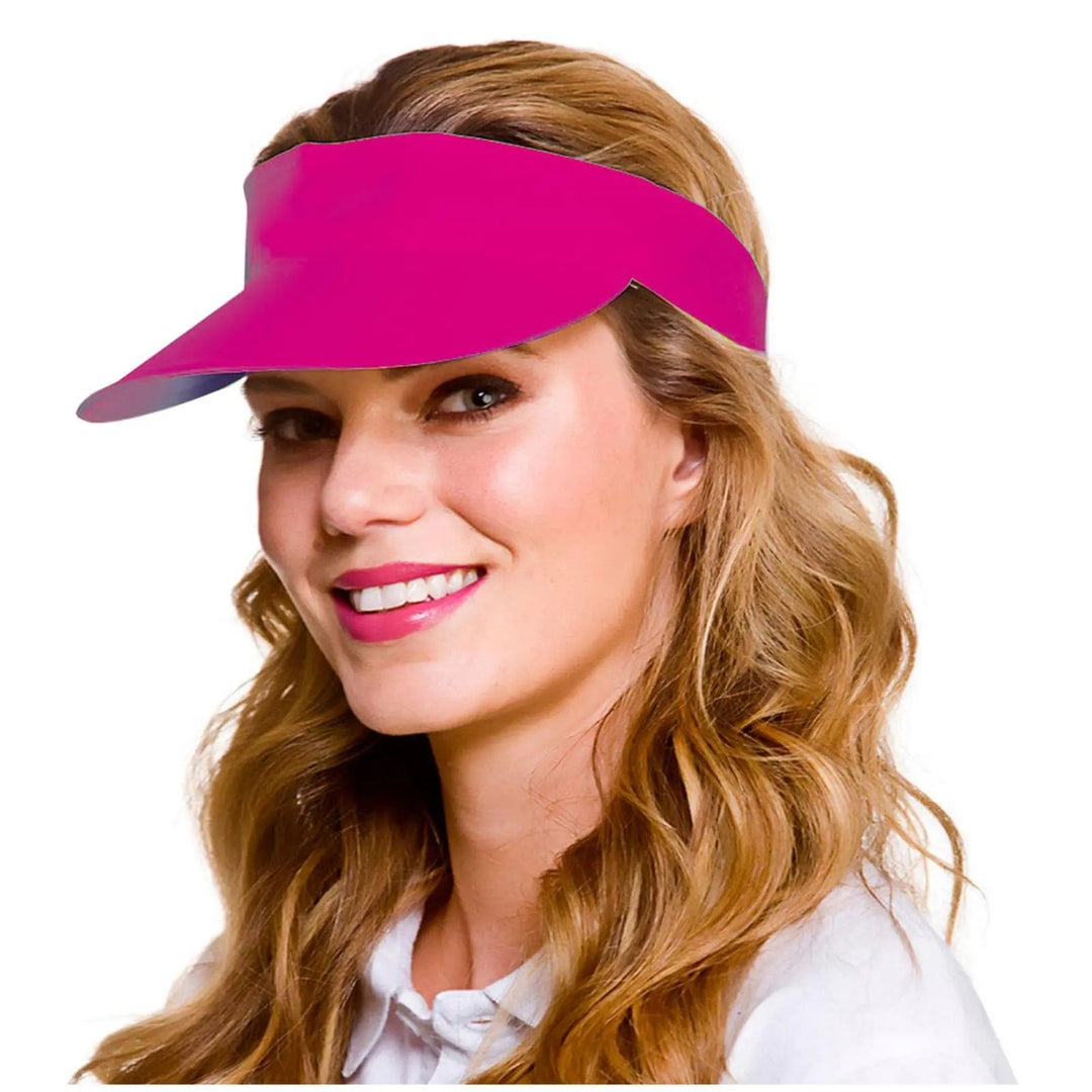 lady wearing a bright neon pink sun visor fancy dress accessory