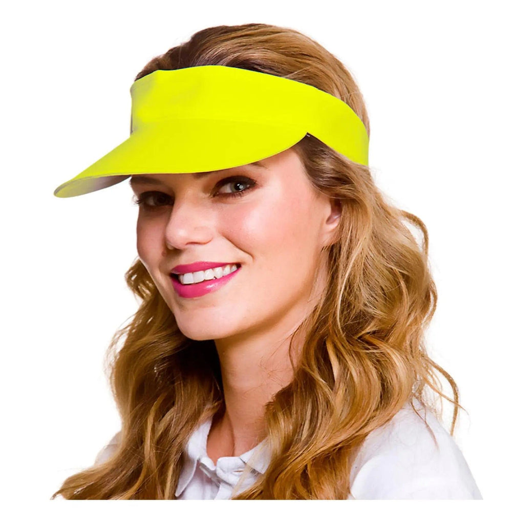 lady wearing a bright neon yellow sun visor fancy dress accessory