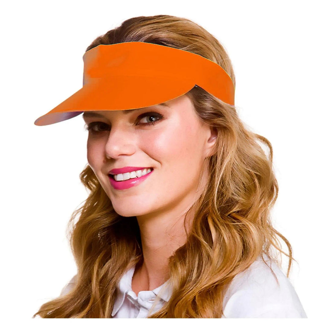 Young woman wearing a bright neon orange sun visor fancy dress accessory