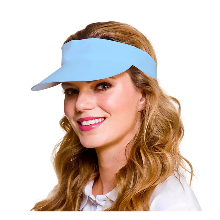 Young lady wearing a baby blue fabric golf visor for fancy dress parties and pub golf nights