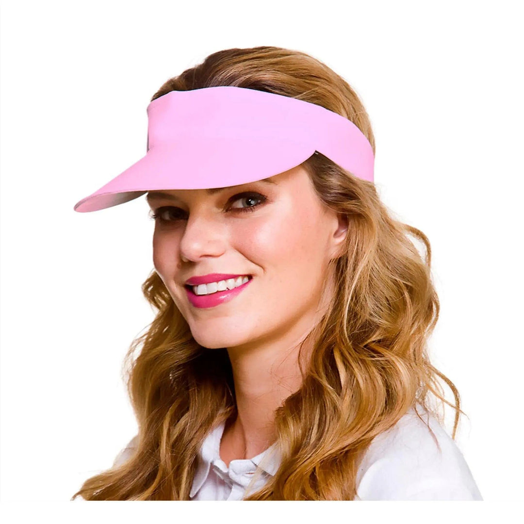 Young lady wearing a baby pink fabric golf visor for fancy dress parties and pub golf nights