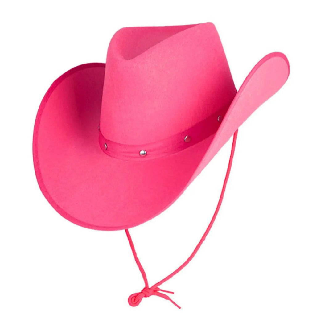 Bright pink felt cowgirl hat with neck cord and studded hat band for fancy dress costumes