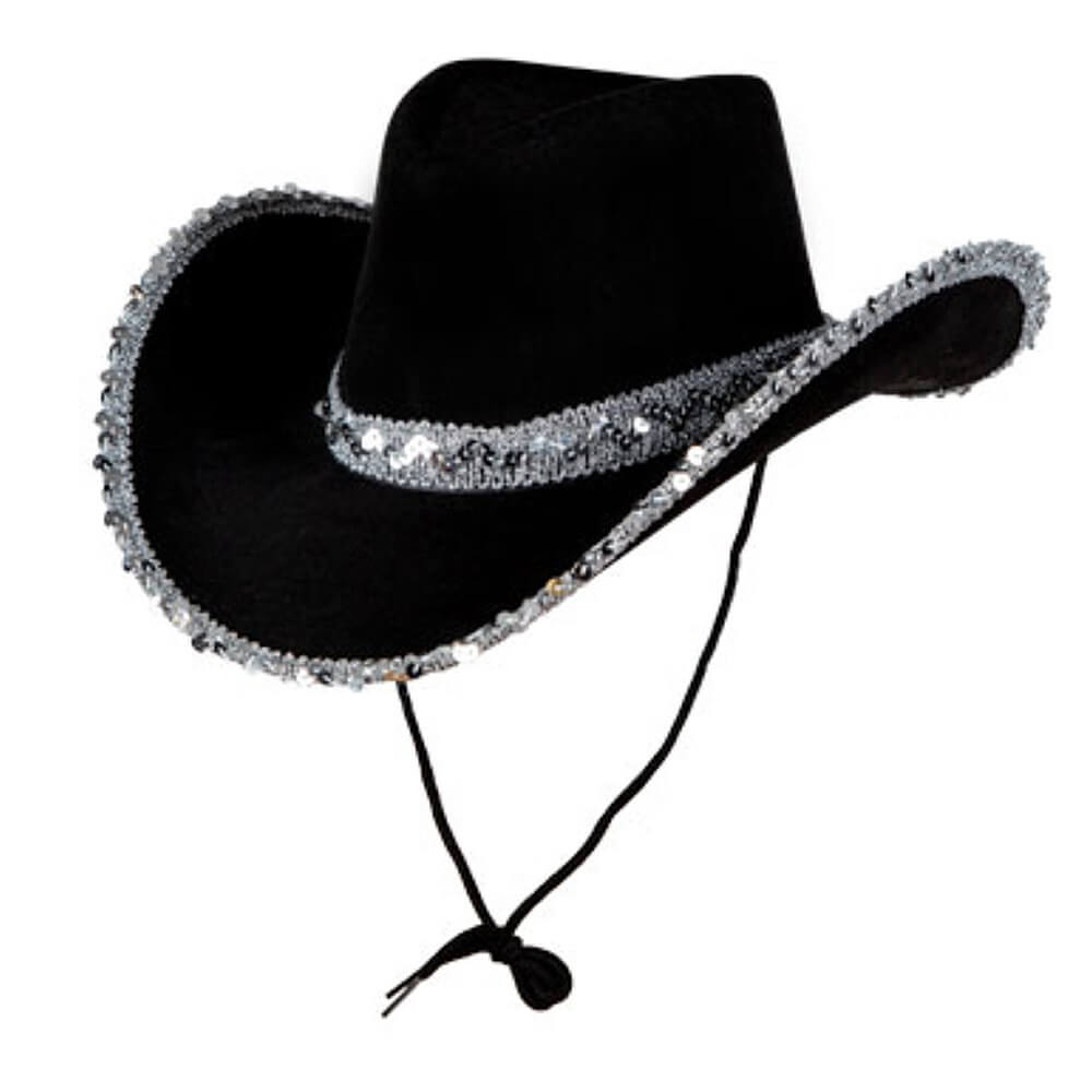 Black cowboy hat with silver sequins and neck cord on a white background