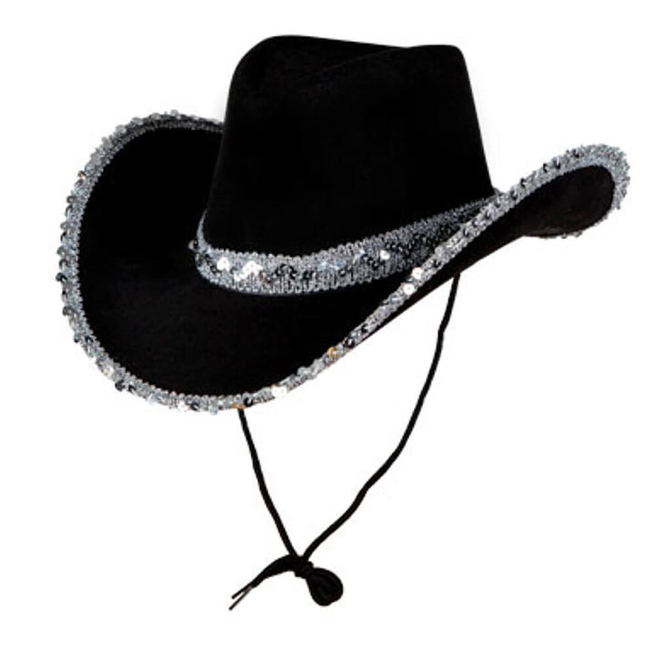 Black cowboy hat with silver sequins and neck cord on a white background