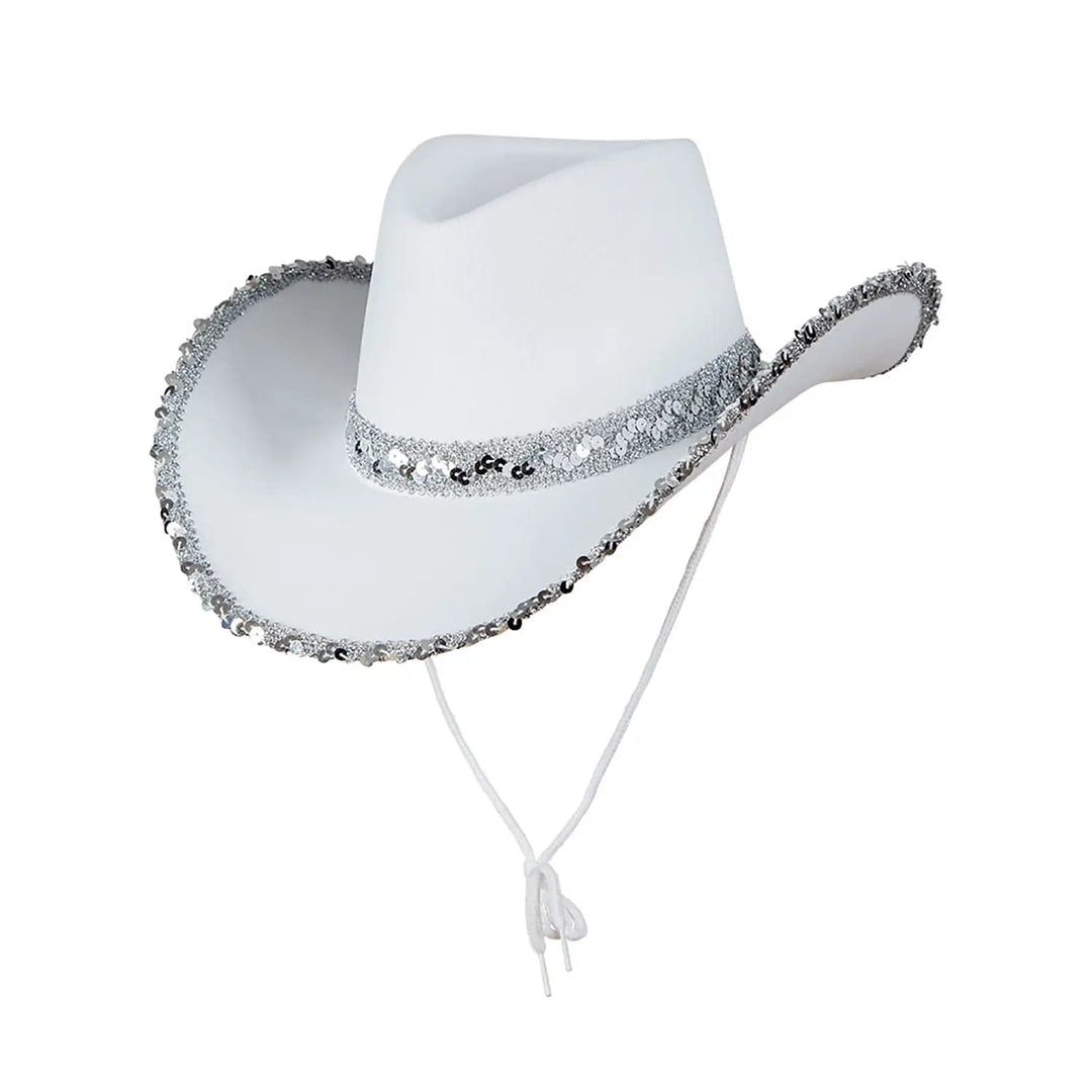 White cowgirl hat with silver sequins trim and hatband, and white cord to secure